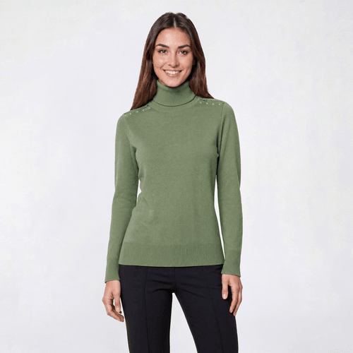 Womens Retrology Pull Over Zipper Shoulder Turtleneck Sweater alternate view
